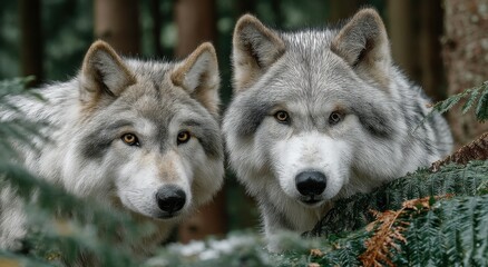 Obraz premium Two Gray Wolves Staring Intently From Forest, Symbolizing Wildlife Conservation and Environmental Awareness with Animal Companionship : Generative AI