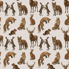 Seamless pattern with watercolor illustrations Deer, Foxes, Hares on a beige background. An ornament with a forest animals without a seam. For fabric design, wallpaper, packaging