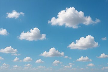 Fototapeta premium Blue sky with fluffy cumulus clouds on a sunny day. Blue sky background. White fluffy clouds in a vibrant blue sky. Peaceful clear sky. Summer backdrop. Cloudy sky background. Open air. Sky view 