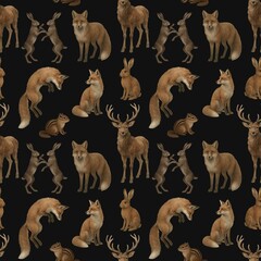 Fototapeta premium Seamless pattern with watercolor illustrations Deer, Foxes, Hares on a black background. An ornament with a forest animals without a seam. For fabric design, wallpaper, packaging