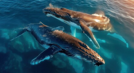 Obraz premium Two Humpback Whales Swimming Together in the Ocean, Symbolizing Marine Conservation and Wildlife Protection in a Natural Environment : Generative AI