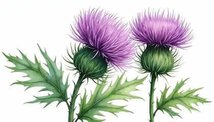 Watercolor illustration of Scottish thistle. Purple flowers, green leaves, white background. St Andrews Day, Scottish celebration, national holiday. Traditional thistle emblem represents Scotland,