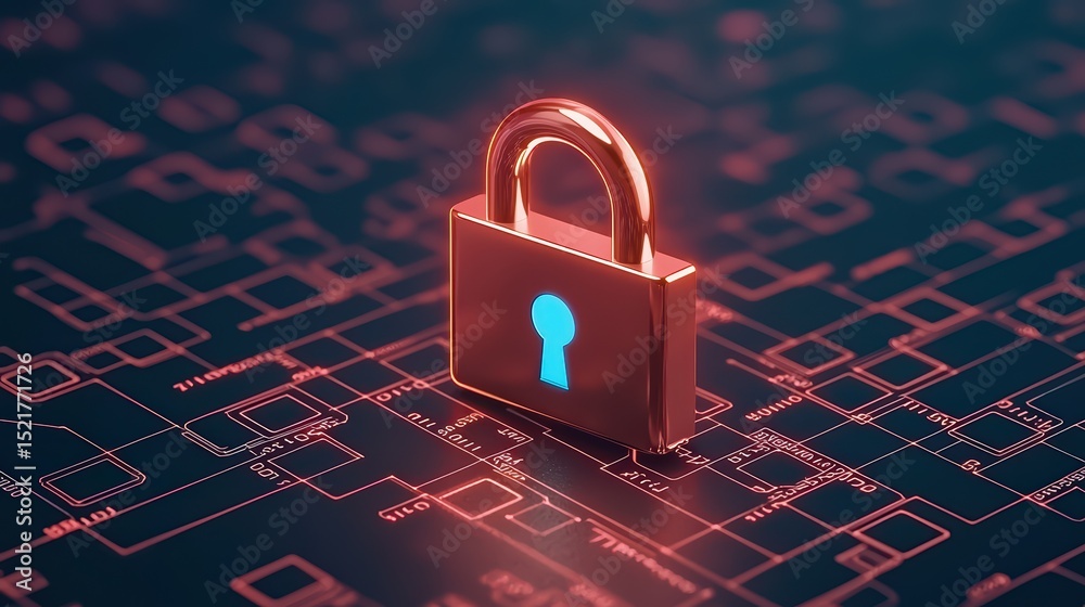 Poster digital lock and keyhole symbol on abstract circuit board background representing cybersecurity and 