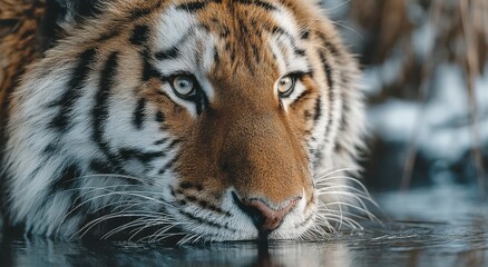 Close-up of a Tiger Drinking Water in a Stream, Representing Wildlife Conservation and Environmental Awareness, Suitable for Nature Documentaries and Educational Materials : Generative AI