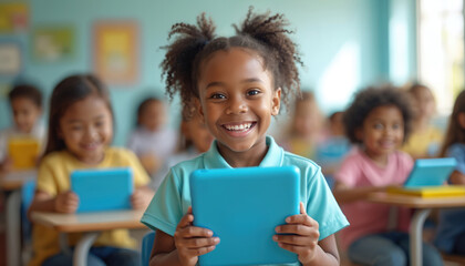 Happy girl using digital tablet in school classroom. Cheerful smiling child holds tablet, diverse classmates with devices. Modern tech, education concept, digital native learning, online studying at