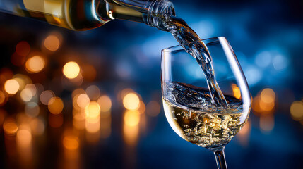Pouring crisp white wine into a sparkling glass against a backdrop of gleaming warm bokeh lights in an elegant setting