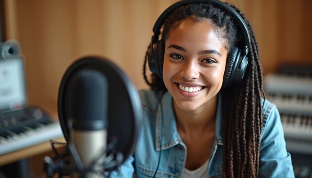 Smiling african american woman in recording studio wearing headphones. Podcasting radio host records show with microphone. Female journalist interviews guest. Media, entertainment, online content.