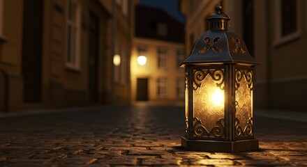 Lantern on Cobblestone Street at Night