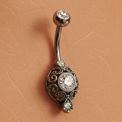Belly Button Ring with Jewel and Ornate Design