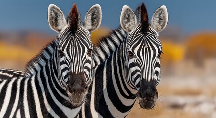 Naklejka premium Two Zebras Standing Side-by-Side in the African Savanna, Symbolizing Partnership and Wildlife Conservation Efforts : Generative AI
