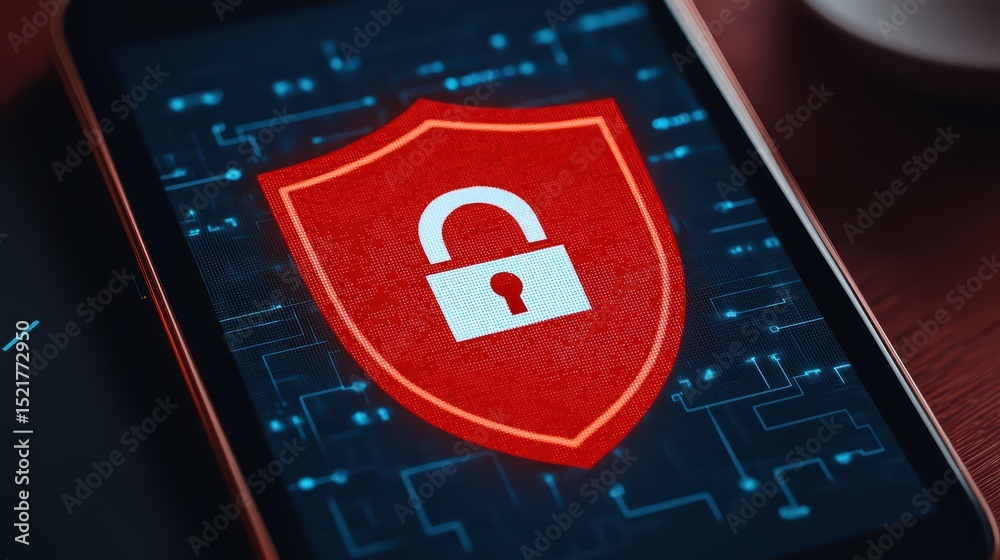 Poster digital security concept on smartphone display with red shield and lock symbol representing cyber pr