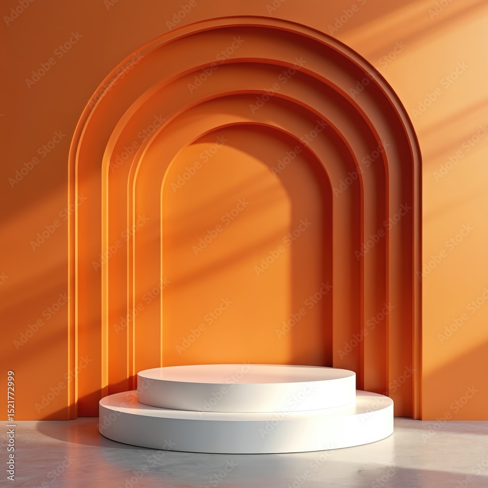 Poster modern podium stand with vibrant orange abstract background. layered design adds depth interest crea