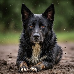 Wet Dog Lying in Mud Outdoor Portrait