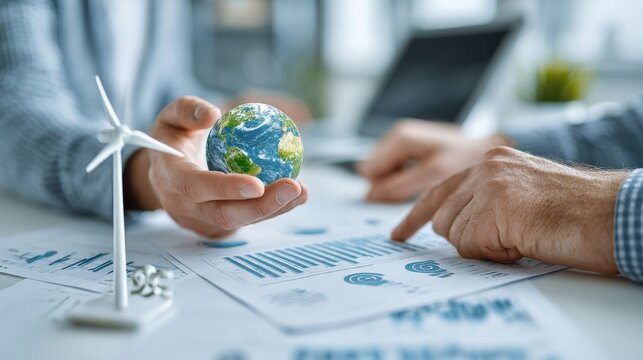 Hands Holding Earth Globe and Analyzing Charts Near Wind Turbine, Emphasizing Sustainable Business and Environmental Responsibility, for Corporate Social Responsibility : Generative AI - Powered by Adobe