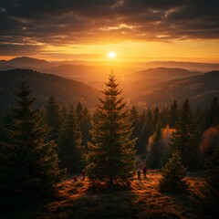 Mountain Forest at Sunset with People