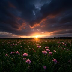 Flower Field Sunset | Dramatic Sky and Pink Daisies