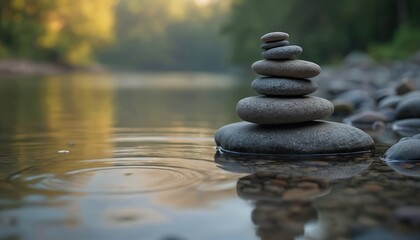 Illustration of stacked river stones. Smooth pebbles balanced with water reflections. Tranquil nature scene, zen concept. Balance, harmony, meditation, simplicity. Relax, calm, outdoor, stability