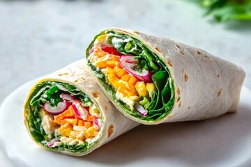 A salad wrap featuring layers of lettuce, mango, and radish is elegantly placed on a clean table. The wrap is cut in half, revealing its fresh ingredients, inviting a healthy meal choice