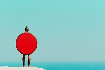 Ancient warrior with red round shield standing on cliff, back view overlooking ocean, heroic fantasy theme, copy space, minimal background, cinematic battle concept

