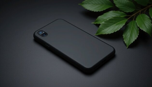 Black smartphone with leaves on dark surface for technology and lifestyle