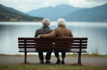 Senior couple sits on bench near water enjoying tranquil nature scenery. Man embraces woman, both looking at mountains. Elderly people spend romantic time at lake, travel, vacation.