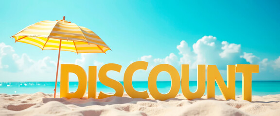 Summer discount concept with beach umbrella shadow over text, bright light, and clean vacation-themed composition.