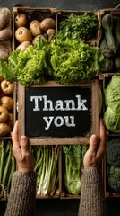 Fresh vegetables and gratitude expressed with a thank you sign at a local market in the afternoon