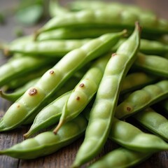Close-up broad beans on a wooden table. Fresh green pods with seeds. Healthy organic vegetarian vegan food, raw vegetable ingredients. Harvesting, cooking, farm market produce.