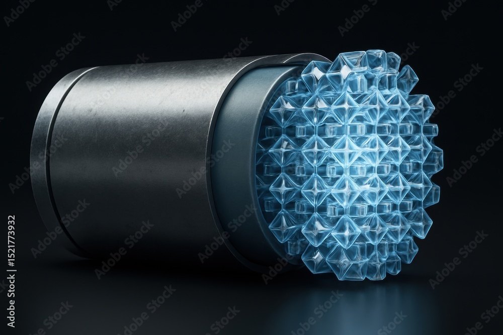 Aufkleber abstract close-up of a metallic cylinder with a blue geometric patterned cap on a dark background