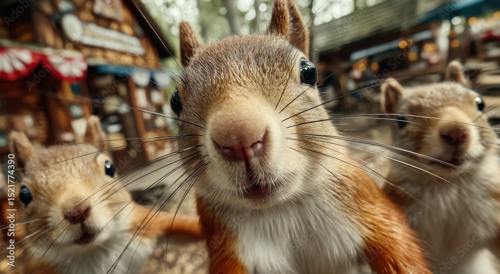 Poster close-up of curious squirrels in a forest setting, representing wildlife conservation and environmen