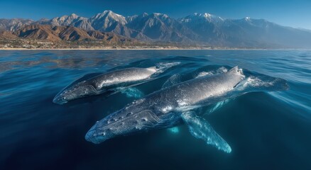 Obraz premium Humpback Whales Swimming Near Coastline With Snowy Mountains, Showcasing Marine Conservation and Ecotourism Destinations : Generative AI