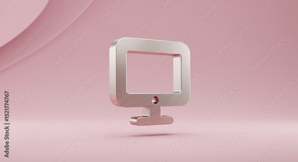 Poster A minimalist silver computer monitor icon against a soft pink gradient background in a studio setting