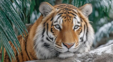 Fototapeta premium Close-Up Portrait of a Majestic Tiger Resting on a Snowy Branch, Symbolizing Wildlife Conservation and Endangered Species Awareness : Generative AI