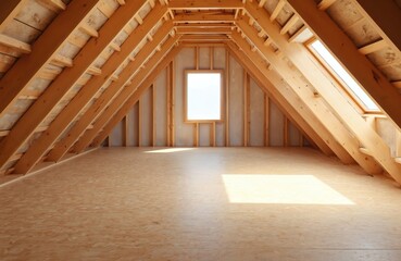 Unfinished attic room with wooden beams, wooden floor, natural light from windows. Interior loft space ready for renovation. Potential for customization, extra storage. Architectural design concept.
