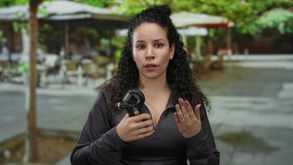 Hispanic woman holding tool on outdoor restaurant terrace with street view, emphasizing urban...