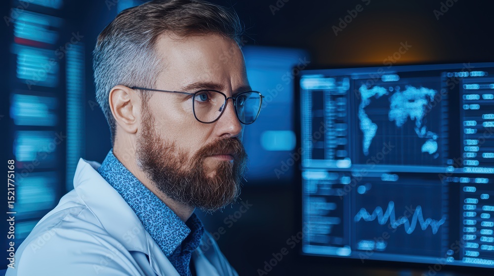 Poster thoughtful scientist analyzing complex data in modern lab environment with digital screens displayin