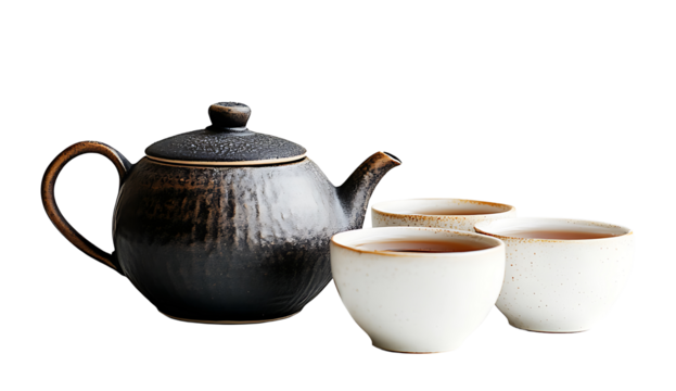 Elegant ceramic teapot and cups set in minimalist layout isolated on transparent background suitable for digital and print use