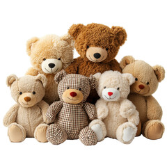 Collection of assorted teddy bears in various colors and sizes on a white background