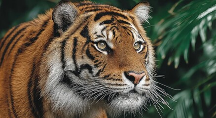 Fototapeta premium Close-Up Portrait of a Bengal Tiger in Lush Foliage, Showcasing Wildlife Conservation and Endangered Species Awareness : Generative AI
