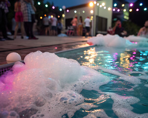 A vibrant pool party scene at night with colorful lights. Bubbles float on the water's surface, creating a festive atmosphere. People socialize in the background.