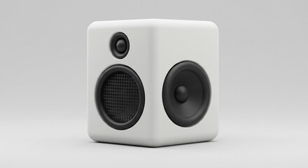 Obraz premium A white cube shaped speaker with three visible black speakers on a light gray background surface