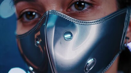 Close-up of woman's eyes behind silver futuristic mask, glowing urban light reflections around - Powered by Adobe