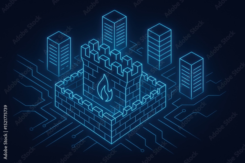 Aufkleber Digital Fortress: A Cybersecurity Concept Featuring a Firewall and Server Structures