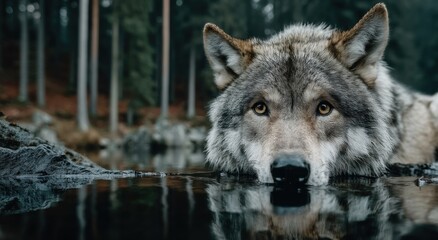 Fototapeta premium Gray Wolf Partially Submerged in Water, Reflecting Wildlife Conservation and Wilderness Exploration, With a Forest Backdrop : Generative AI