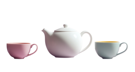 Still life image of colorful ceramic teapot and mugs set in harmonious composition against transparent background for product display