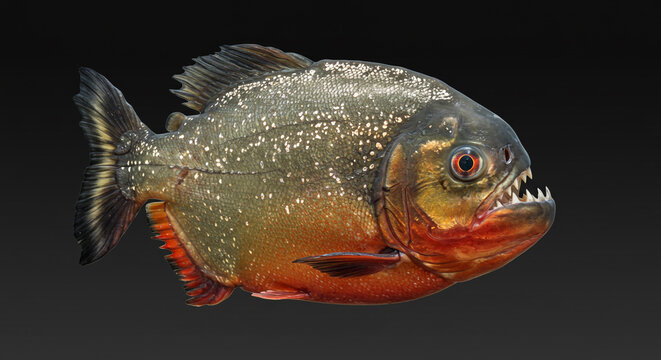 A side view of a piranha fish with visible teeth and red coloration against a dark gray background