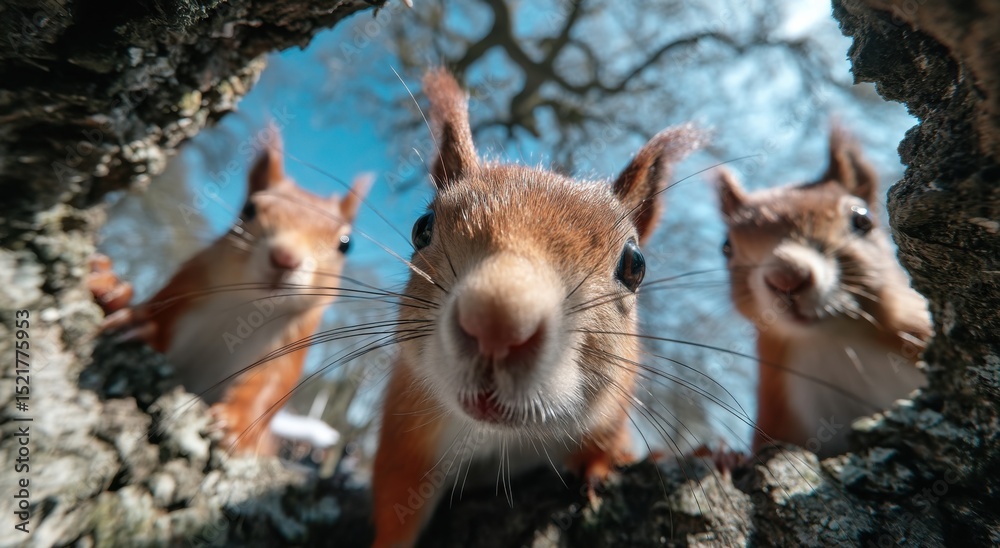 Poster three squirrels peeking out from a tree hole in springtime, representing curiosity and wildlife cons