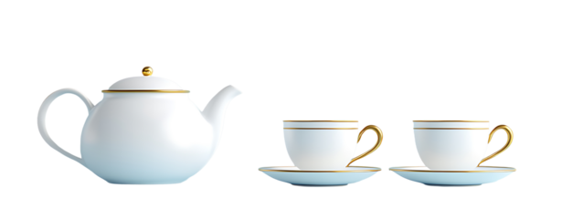 White tea set with smooth finish and classic design isolated on transparent backdrop suitable for digital content, packaging, and ads