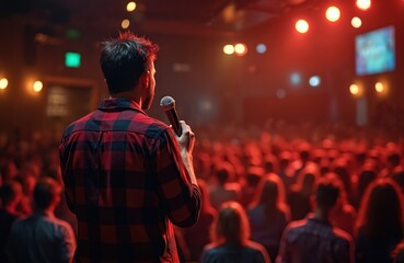 Fototapeta premium Man with microphone performs on stage in front of audience. Stand-up comedy show in night club. Concert event, live music performance in auditorium. Entertainment, speech, public speaking concept.