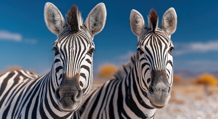 Naklejka premium Two Zebras Standing Side-by-Side in the African Savannah, Representing Wildlife Conservation and Ecotourism : Generative AI